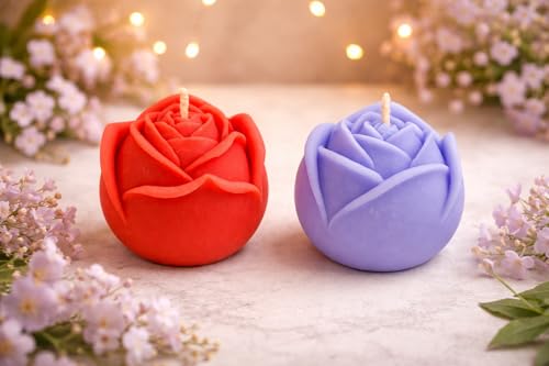 Image of Scented Rose Candle Combo Pack - 2 Rose-Shaped Candles + Hanging Car Diffuser | Decorative Aromatic Candles for Home, Car & Gifting | 4 Hour Burn | Pink & Purple