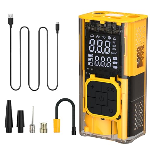 Image of Portronics Vayu 3T Transparent Portable Tyre Inflator 150 PSI with Dual 2000mAh Rechargeable Battery, Digital Display, Auto Shut-Off, LED Light with 2 SOS Modes, Type-C Air Pump for Car, Bike &Bicycle