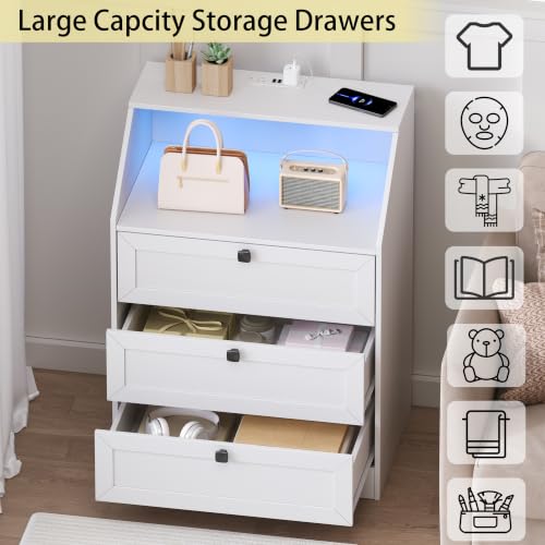 Image of Wodeer White Dresser 3 Drawer Nightstand, Wood Night Stand with LED Lights, Charging Station, Metal Handles, Modern Storage Cabinet and Organizer Drawers for Living Room, Hallway