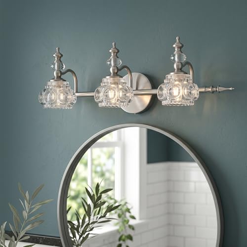 Image of Bathroom Vanity Light Fixtures, Farmhouse Vintage Wall Sconce Lighting with Glass Shade, Bath Vintage Wall Mounted Lamps for Mirror (3 Lights, Brushed Nickel, G9 Base)