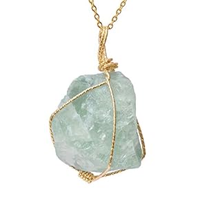 CXD-GEM Wire Wrapped Raw Gemstone Crystal Pendant Necklace Handmade Natural Healing Crystal Jewelry for Women(Green Fluorite/Green Color)