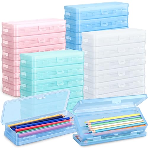 Image of Fainne 24 Plastic Pencil Case Bulk Hard Pencil Boxes with Snap Lid Crayon Maker Pen Organizer Stackable Craft Storage Boxes for School Supplies(Double Layer,Bright Colors,8.07 x 3.07 x 1.46 Inch)