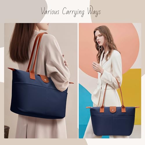 Image of Tote Bag for Women, Casual Hobo Bag Vegan Leather Top-Handle Purse Foldable Shoulder Nylon Zipper Handbag