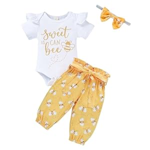 GRNSHTS Infant Baby Girl Bumble Bee Clothes Letter Print Romper Honey Bees Pants Bowknot Headband Outfits Set