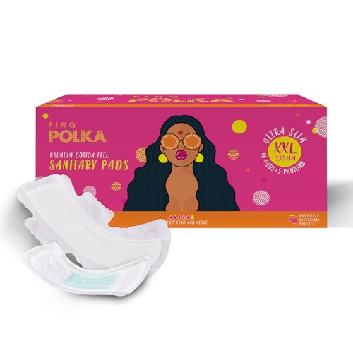 Pinq Polka Premium Organic Soft Cotton Feel Rash Free Ultra Thin Sanitary Pads, XXL for Heavy Flow and Night with Individual Disposable Biodegradable Pouch, Pack of 40