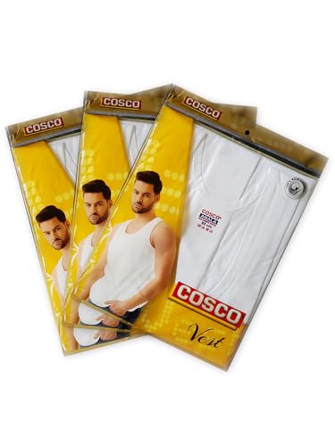 Image of COSCO ABALA 100% Combed Cotton Vest for Men, Sleeveless, White, Pack of 3 | Regular Fit, Deep Round Neck, Large Armholes, Tagless Design, Soft Feel, Breathable, Stretchable Fabric, Everyday Wear