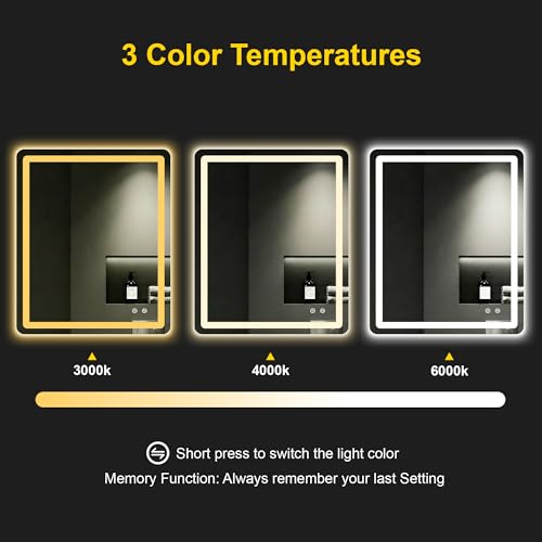Image of LED Bathroom Mirror with Lights, 30 inchx36 inch Lighted Vanity Mirror for Wall | Anti-Fog, Dimmable 3 Color Light, Backlit+Frontlit, Shatterproof Tempered Glass, Memory Function