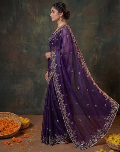 Image of SIRIL Women's Tissue Silk Scalloped Border Embroidery Saree with Unstitched Blouse Piece