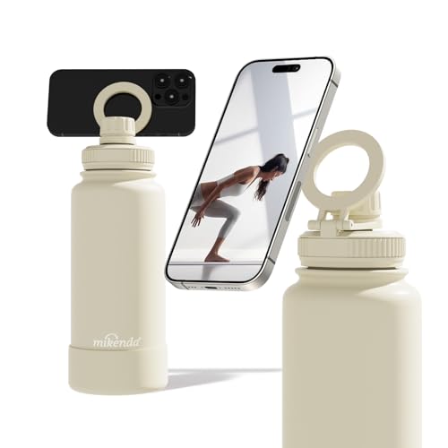 Mikenda 32oz Insulated Tumbler with Magnetic Phone Holder Gym Water Bottle | Leak Proof Lid 24hr Cold & 12hr Hot Non-Slip Base | Travel Mug Reusable & Eco-Friendly (cream white 32 ounces)