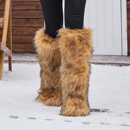 ZVC Women's Knee-High Fluffy Snow Boots - Black, Faux Fur Trim, Insulated, Slip Resistant, Winter, Size 112