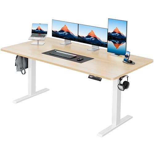HUANUO 63" x 28" Electric Standing Desk Adjustable Height, 4 Memory Height Settings, Headphone Hook, Cable Manager, Sit Stand Up Desk for Home Office & Computer Workstation, Nature