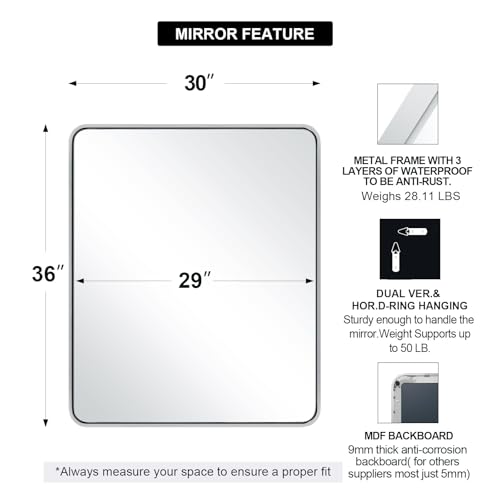 Image of ANDY STAR Chrome Bathroom Mirror, 30x36'' Rounded Rectangle Mirror Polished Silver Bathroom Vanity Mirror Metal Framed, SUS304-Anti-Rust, Tube Frame, Wall-Mounted Horizontal /Vertical 1'' Deep