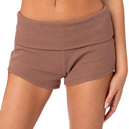 Image of KMBANGI Womens Fold Over Shorts Elastic Waist Y2k Lounge Shorts Foldover Cute Pajama Micro Bottoms Mini Shorts Sleepwear