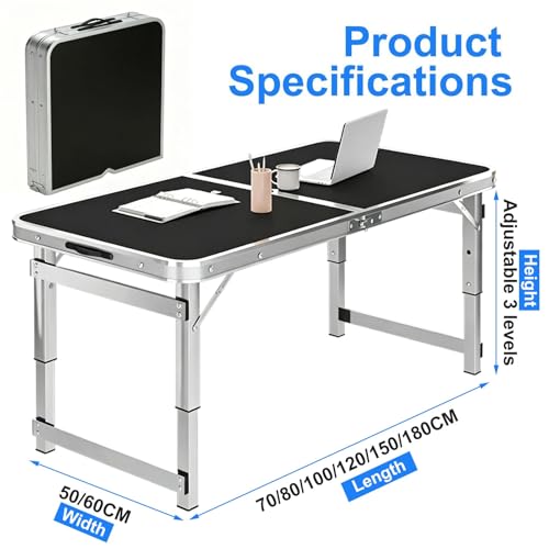 Table de camping pliante en aluminium noir de 120cm pour pique-nique