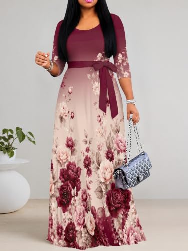 Image of Women's V Neck Floral Maxi Dress 3 /4 Sleeve Plus Size Boho Wrap Flowy Long Dresses with Belt