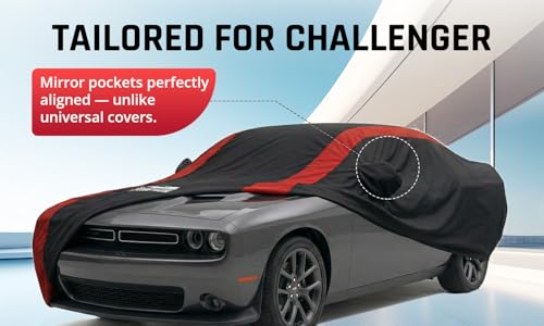 Image of Challenger Car Cover Waterproof All Weather with Red Strip Design, Custom Fit for Dodge Challenger 2008-2026 SXT GT R /T Scat Pack SRT Hellcat, Challenger Accessory with Door Zipper & Windproof Straps