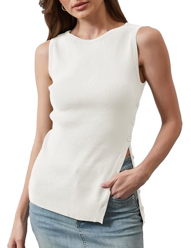 Image of Women Asymmetrical Button Sweater Vest Sleeveless Side Split Rib Knit Slim Fit Sweater Tank Top Summer Pullover Top