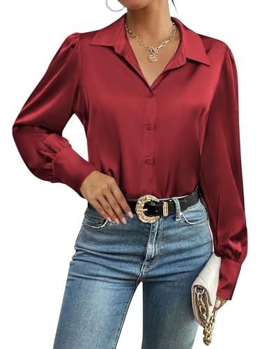 Chemisier femme manches longues satin rouge vin boutons soie taille M chic