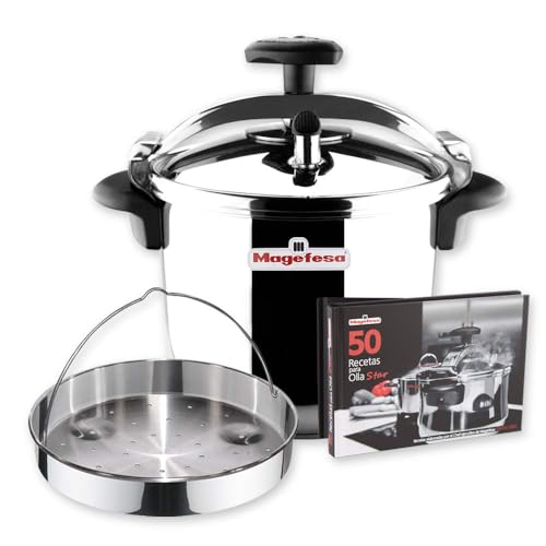Magefesa Star Recta - Pack Exclusivo Olla Express Tradicional 6 Litros + Cestillo + Libro de Recetas, Acero Inoxidable 18/10, Apta para Inducción