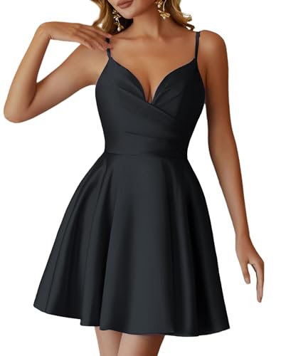 Lecureler Satin Spaghetti Strap Short Prom Dress