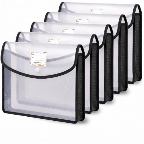 Image of Amazon Basics Horizontal File Folder | Transparent Poly-Plastic Envelope Pouch for A4 /Foolscap Documents | Water Resistant Snap Button File Storage Bag | Office, School Stationery | Black - Pack of 5