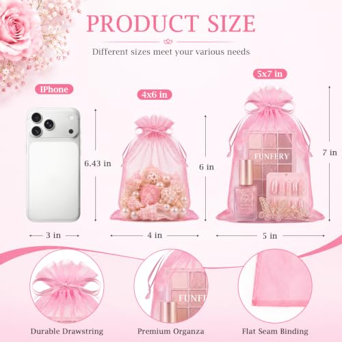 Image of FUNFERY 100PCS Pink Organza Gift Bags 5x7in,Drawstring Pouch for Jewelry