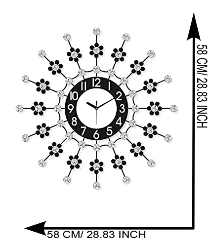 Image of CHRONIKLE Modern Metal Diamond Studded Floral Style Round Analog Wall Clock for Living Room Home Decorations Office Gifts (Size: 58 x 5 x 58 CM | Weight: 1030 Gram | Color: Black)