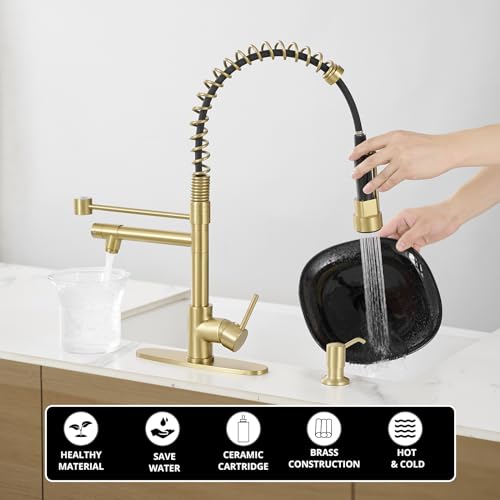 Image of AIMADI Gold Kitchen Faucet with Soap Dispenser,Commercial Single Handle | pull down Kitchen Faucets with Sprayer,Brushed Gold,for 1-hole or 3-hole sinks,Farmhouse RV Laundry
