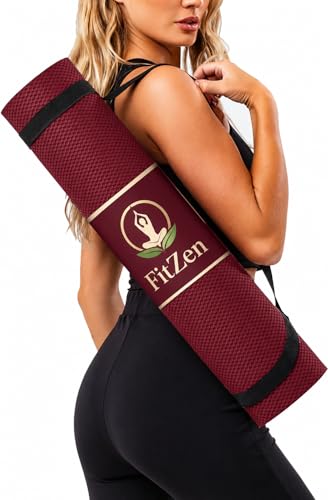Image of FitZenYoga Mat for Women and Men 4mm with Carry Strap EVA Material Extra Thick Exercise Mat for Workout Yoga Fitness Pilates and Meditation, Anti Tear Anti Slip For Home & Gym Use (Maroon)