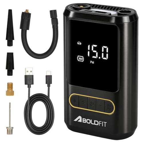 Image of Boldfit Tyre Inflator for Car Portable Digital Air Pump for Car Bike Tyres Upto 150 Psi 2000mAh*2 Battery Cars Air Pump for Tyres Rechargeable with C Type, USB Port, Led Flash 6 Months Warranty
