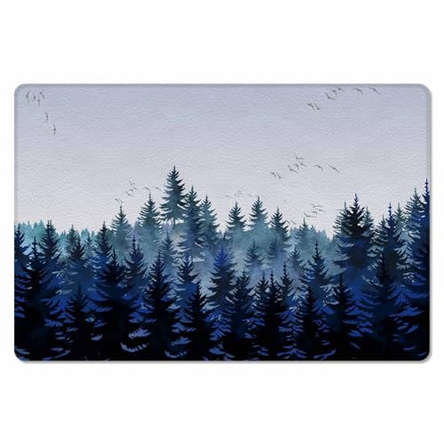 Forest Blue Trees Kitchen Bath Door Mat Cushioned Runner Rug, Washable Welcome Floor Sink Antifatigue Mat, Waterproof & Non-Slip Comfort Standing Doormat for Kitchen,Watercolor Nature Bird 24