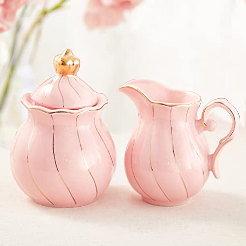 Dujust Cream & Sugar Set, Luxury British Design In Golden Trims, 1 Sugar Bowl With Lid (12 Oz), 1 Creamer (8 Oz), Handcrafted Sugar Creamer Set, Decoration For Kitchen - Pink #TOP6
