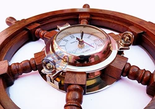 Miniatura 6 de Nagina International Rueda de barco marítima decorativa para el hogar con ojo de buey de latón, reloj de cuarzo, decoración del hogar pirata,