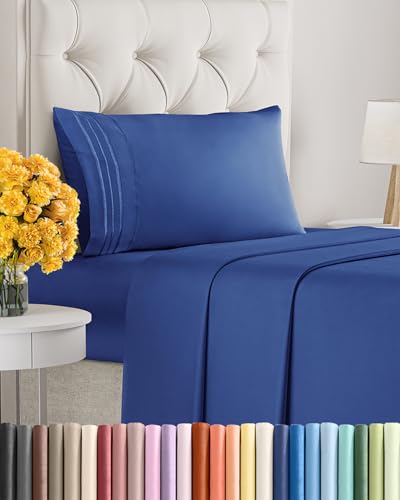 Image of Twin Size 3 Piece Sheet Set - Ultra Soft & Cooling Bed Sheets - Cobalt Blue | Fits 8 Inch to 16 inch Mattress, Wrinkle Free & Fade Resistant with Deep Pockets, Breathable, Comfy Hotel Luxury Bedding