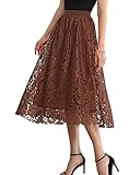 SuperPrity Flare Maxi Skirts for Women High Waisted Cocktail Skirts for Women Evening Party Lace Long A-Line Skirts-L,Coffee Brown