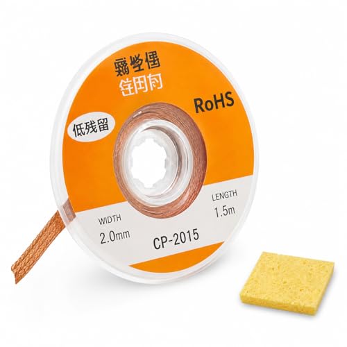 Malla Desoldadora 2mm x 1,5m – Cinta de Cobre para Desoldar Estaño – Limpieza PCB y SMD – Incluye Esponja Limpieza Soldador