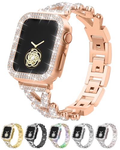 Image of Rhinestones Encrusted Metal Bracelet and Case, Compatible with Apple Watch Bands 38mm-49mm (Series 11 /10 /1 /SE /Ultra 2)- Bling Gold Women's Jewelry Strap, Luxury iWatch Bracelet