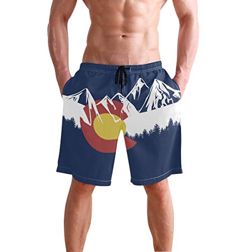 Colorado Flag Mountain Village Day Swim Trunks Summer Beach Shorts Pockets Boardshorts Men Mesh Lining
