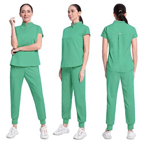 Women's Jogger Scrub Set with Pocket Medical Uniforms Include V-Neck Scrub Top and Pant Fitted Stretch Scrub Set-12 Color (Light Green,S,Small)
