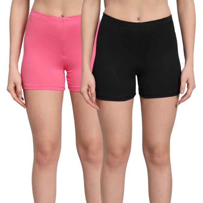 Image of Combo Women's Stretchable Cotton & Stretch Modal Lycra Fabric Cycling /Yoga /Casual Shorts-(Pink-Black) - 3XL