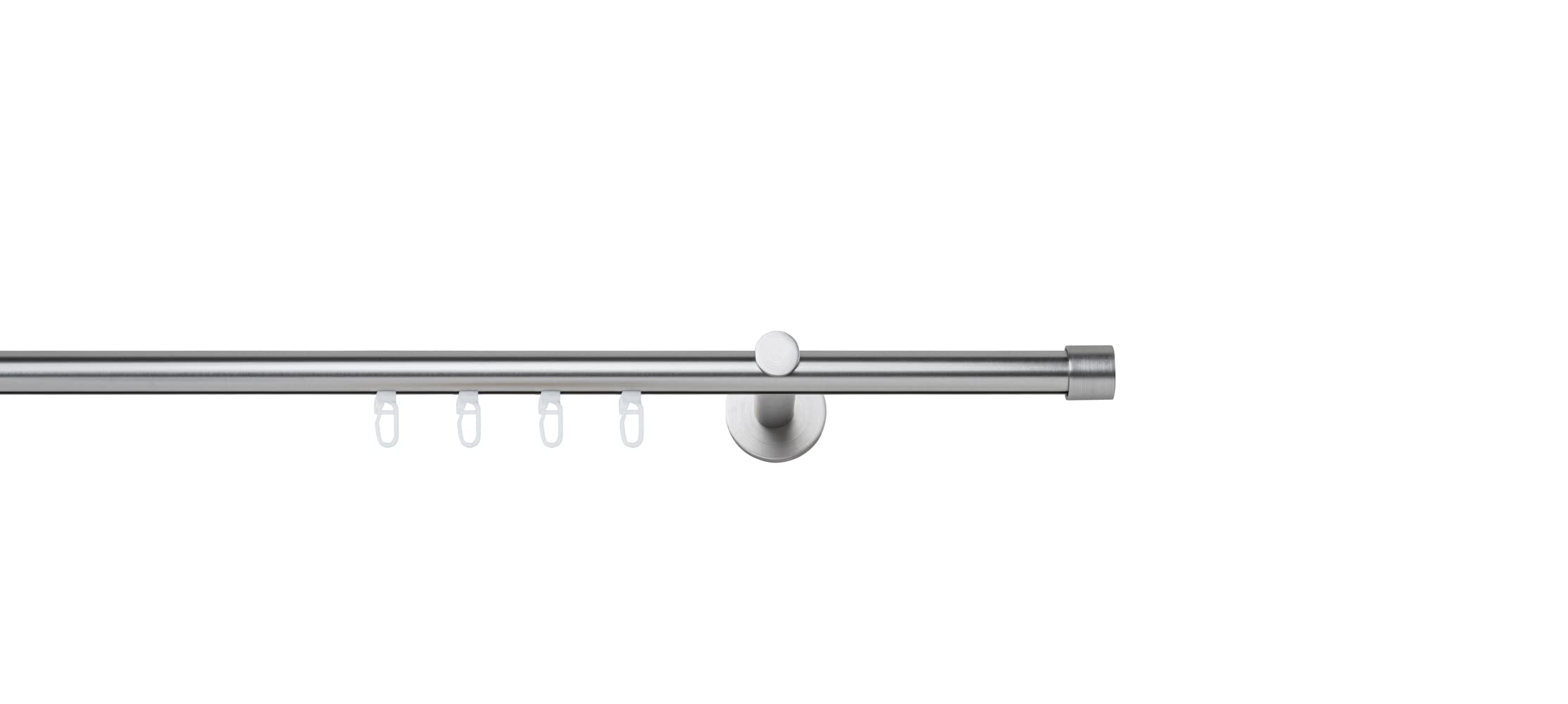 Gardinenstange auf Maß Innenlauf 20mm Cap 1-lauf Vorhangstange Wandträger 12cm Stilgarnitur Gleiter für Vorhänge Edelstahl-Optik 260cm