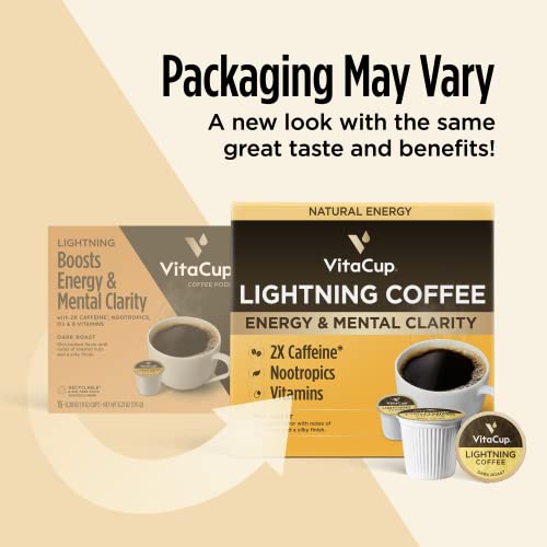 Vitacup Lightning Coffee Pods, Enhance Memory & Focus W/ 2X Caffeine, Green Coffee Bean, B Vitamins, D3, Strong Dark Roast Coffee, Recyclable Single Serve Pod Compatible W/Keurig K-Cup Brewers, 16 Ct #TOP4