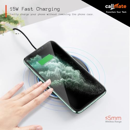 Image of CALLMATE 15W C-Thru Wireless Fast Charging Pad for Apple iPhone 15 /15 Plus /15 Pro /15 Pro Max, iPhone 14 /14 Plus /14 Pro /Max, iPhone 13 /12 /11 Series, Universal Compatibility (Black, Transparent Design)