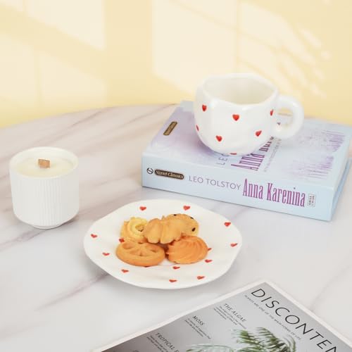 Image of Koythin 10oz Ceramic Mug With Saucer, Small Red Heart Couple Latte Tea Cup