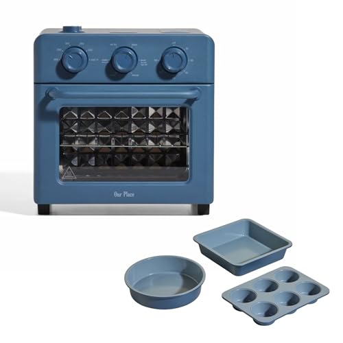 Image of Our Place Wonder Oven + Baker’s Kit | 6-in-1 Air Fryer & Toaster Oven with Steam Infusion | 3-Piece Nonstick Ceramic Bakeware Set (Round, Square & Muffin Pan) | Non-Toxic PFAS-Free Baking | Blue Salt