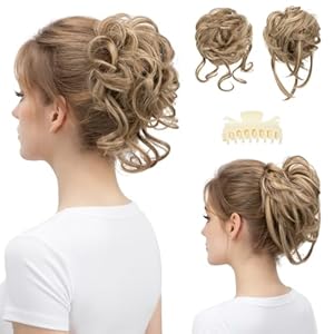 SARLA 2PCS Messy Bun Hair Pieces Detachable Claw Clip Wavy Curly Synthetic Hairpieces Fake Scrunchies Updo Ponytail Extension for Women Sand