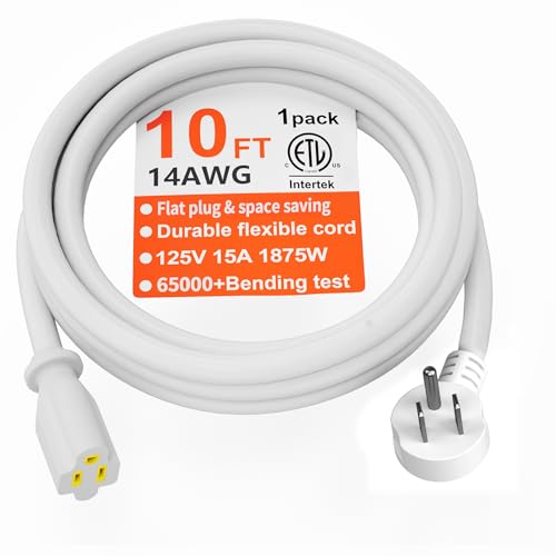 HUANCHAIN 14 Gauge 10 FT Flat Plug Extension Cord White Indoor Outdoor, Heavy Duty 3 Prong Grounded Low Profile Extension Wire Flexible, 15A 1875W 125V 14AWG SJTW, ETL Listed