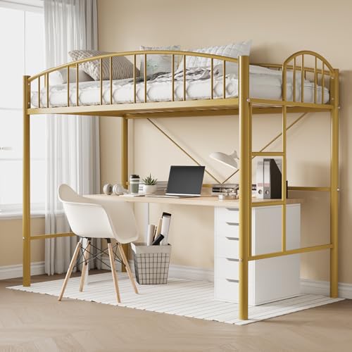 Loft Bed Twin Size with Stairs and Arched Guardrail, Sturdy Metal Slats Support, Space Saving, Noise Free, No Box Spring Needed, Ideal for Kid Room and Dorm, Gold