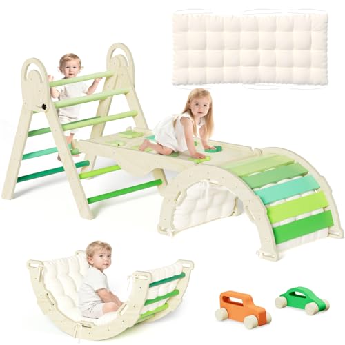 Image of Pikler Triangle Set, Baby Climbing Playset Toys Indoor, Jungle Gyms for Toddlers Ages 1-4, Toddler Climbing Playground with Cushion & Toy Car