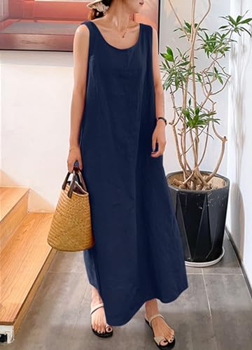 chouyatou Women's Summer Casual Sleeveless Cotton Sun Dress Maxi Tunic Tank Beach Dress with Pocket2